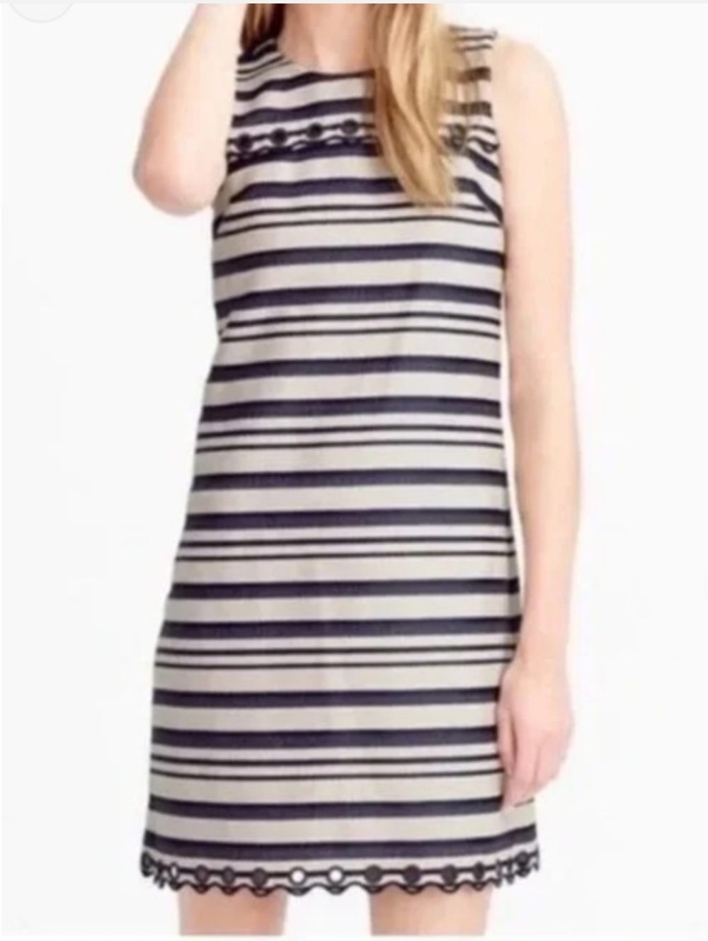 J. Crew Cream and Navy Striped Scalloped Shift Dress